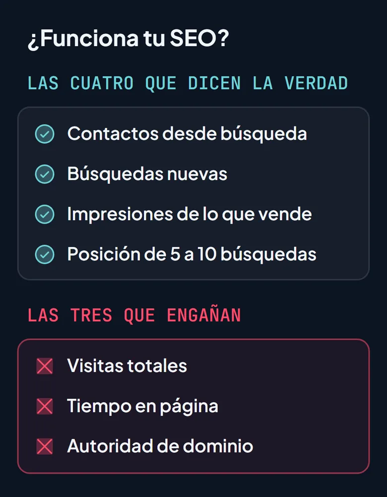 Esquema para saber si el SEO funciona: cuatro métricas que dicen la verdad y tres que engañan