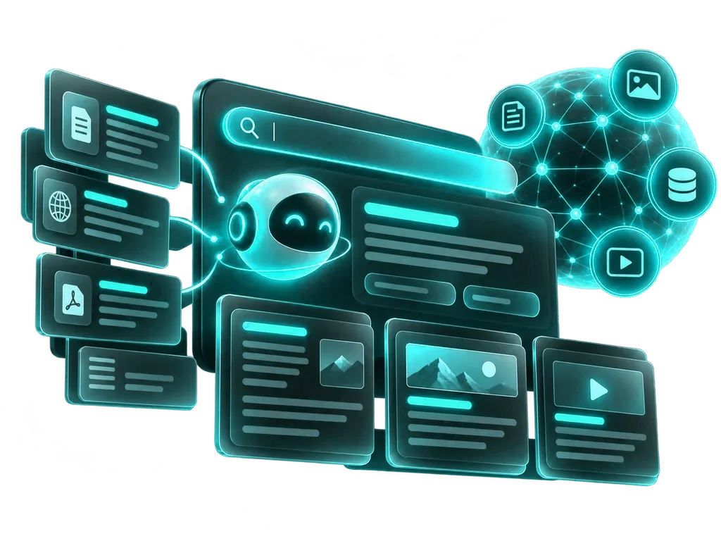 Un asistente robot ante un buscador, rodeado de documentos, fichas con texto, imagen y vídeo, y una red de nodos