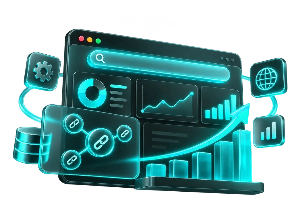 Un panel web con su buscador, un mapa de enlaces internos, la base de datos, un engranaje de ajustes y las gráficas de rendimiento al alza